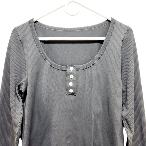 Womens Gray Ribbed Long-Sleeve Henley Top By OQQ Nylon Spandex Blend Size L - Picture 5 of 9